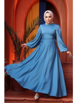 - Balon Kol Mavi Saten Tesettür Abiye Elbise 61501M