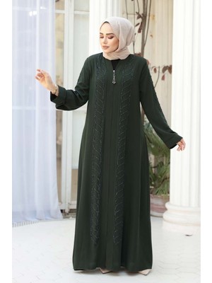 Boncuk Işlemeli Haki Tesettür Ferace 29122HK