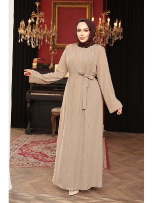 Boncuk Işlemeli Bej Tesettür Abaya 29117BEJ