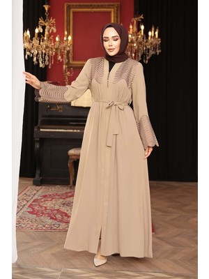 Boncuk Detaylı Bej Tesettür Abaya 29105BEJ