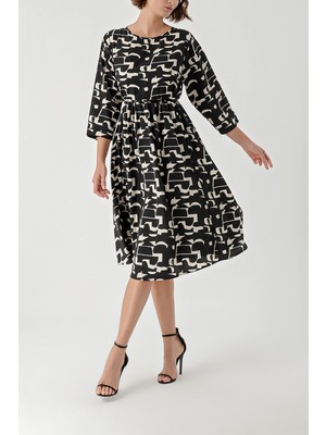 Societa Siyah Ekru Loose fit dress with tassel belt detail 94366
