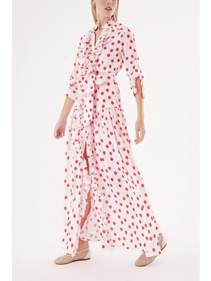 Beyaz Kırmızı Fırfırlı Uzun Gömlek Elbise 94470