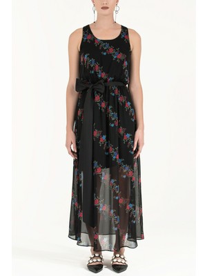 Desenli Kemerli Desenli Uzun Elbise 92316