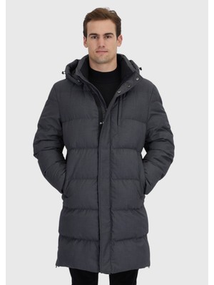 Gri Regular Fit Kapüşonlu Casual Dokuma Kaban