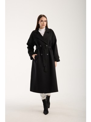 Siyah Kemerli Oversize Astarlı Trençkot 46159
