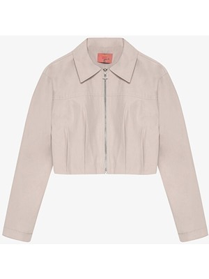 Pile Detaylı Fermuarlı Bomber Ceket Taş