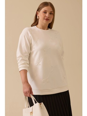 Galaxi Kadın Büyük Beden Nakış Detaylı Boncuklu Sweatshirt 4005 Ekru