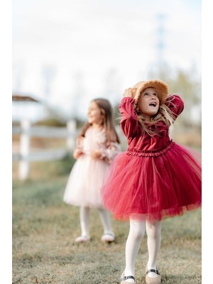 Rosa Kadife Kabarık Tüllü Kız Çocuk Elbise Kırmızı