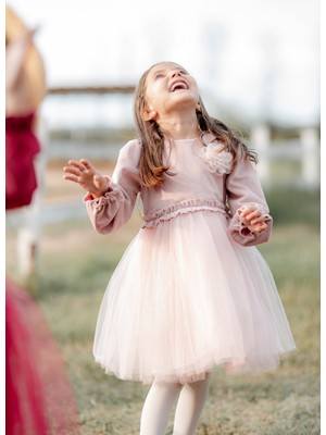 Rosa Kadife Kabarık Tüllü Kız Çocuk Elbise Pembe