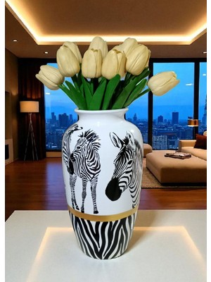 Seramik, El Boyaması Zebra Desenli Vazo Şah Küp