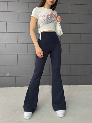 Kadın Esnek Likralı Yüksek Bel Iç Göstermez Krep Toparlayıcı Ispanyol Paça Tayt Pantolon