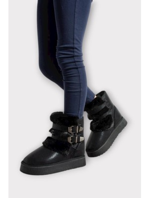 Içi Kürklü Çift Kemerli Kalın Taban Kız Çocuk Bot Siyah