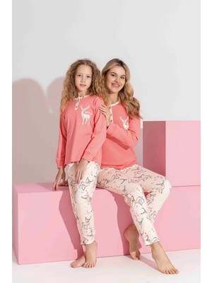 Anne-Kız Kombin Yapılabilir Uzun Kollu Geyik Desenli Interlok Aile Bağı Pijama TAKIMI-3214
