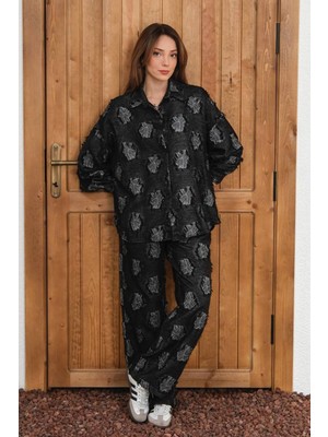 Kadın Desenli Gömlek Pant Takım Siyah - 26K 6024