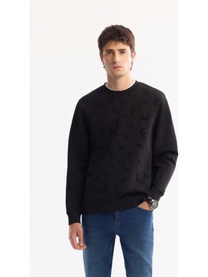 AVVA Erkek Siyah Bisiklet Yaka Pamuklu Bi-Stretch Baskılı Regular Fit Sweatshirt A52Y1208