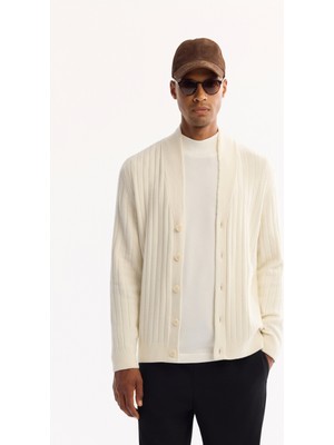 Avva Erkek Ekru Şal Yaka Düğmeli Soft Touch Çizgili Regular Fit Hırka A52Y5042