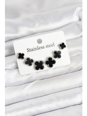 316L Çelik Gümüş Siyah Renk 3 Boy Yonca Küpe Seti