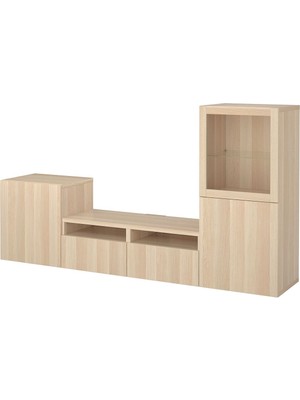 Tv Ünitesi, Beyaz Meşe Görünümlü-Şeffaf Cam, 240X40X128 Cm, Lappvıken/sındvık, Fren Raylı