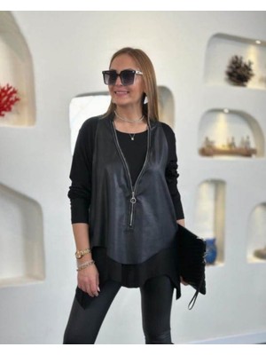 Passense Kadın Uzun Kollu Asimetrik Kesim Viskon Bluz ve Çatlak Deri Görünümlü Yelek Ikili Takım