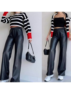 Tua Moda Kadın Yüksek Bel Beli Lastikli Geniş Paçalı Deri Pantolon
