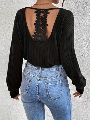 Aisha Elbise Kadın Uzun Kollu V Yakalı Pencere Sırt Dantel Detaylı Kalın Fitilli Kaşkorse Bluz