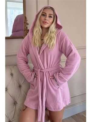 Kadın Pembe Kapüşonlu Polar Kısa Sabahlık