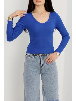 V Yaka Kaşkorse Bluz Saks Mavisi A3699