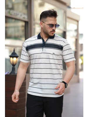 Erkek Yakalı Çizgili Kısa Kollu T-Shirt