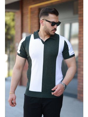 Erkek Kısa Kollu Polo Yakalı Blok Desenli Triko Bluz