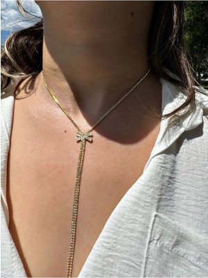 Gold Fiyonklu Zirkon Taşlı Zarif Y Kolye