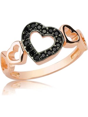 Gümüş Rose Siyah Kalpli Bayan Yüzük