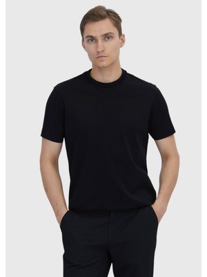 Siyah Jakarlı Bisiklet Yaka %100 Pamuk T-Shirt