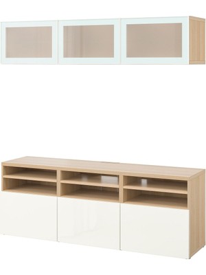 Tv Ünitesi, Ağartılmış Meşe Görünümlü-Parlak Cila-Beyaz, 180X42X192 Cm, Selsvıken/glassvık, Çıt Çıt Raylı