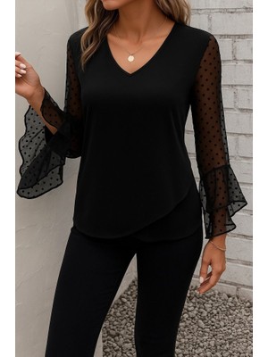 Aisha Elbise Kadın Uzun Kollu V Yakalı Kolları Ispanyol Detayı Sandy Bluz