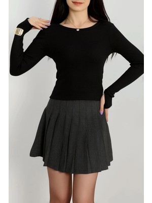 Bisiklet Yaka Parmak Geçmeli Kaşkorse Bluz Siyah A3829