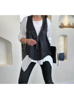 Gökyüzü Moda Kadın Uzun Kollu Asimetrik Kesim Viskon Bluz ve Çatlak Deri Görünümlü Yelek Ikili Takım