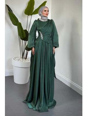 Corlie Beli Taşlı Drapeli Jan Jan Abiye Yeşil