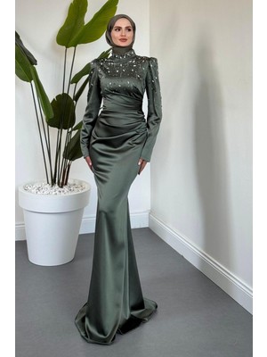 Wanda Saten Taşlı Balık Abiye Haki