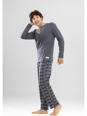 Erkek Pamuklu Bisiklet Yaka Baskılı Uzun Kollu Pijama Takımı 9804 Gri