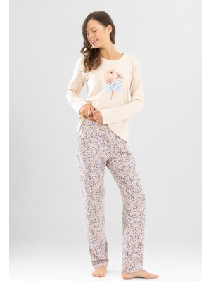 Kadın Pamuklu Bisiklet Yaka Çiçek Baskılı Uzun Kollu Pijama Takımı 9924 Krem