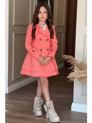 Kız Çocuk Çiçek Desenli Piliseli Yavru Ağzı Trençkotlu Elbise