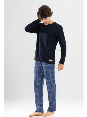 Erkek Pamuklu Bisiklet Yaka Baskılı Uzun Kollu Pijama Takımı 9803 Lacivert