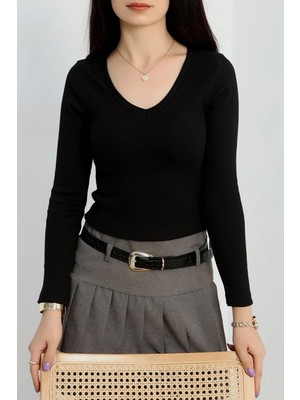 V Yaka Kaşkorse Bluz Siyah A3699