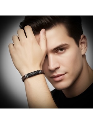 Fm Orijinal Deri ve 316L Çelik Siyah-Kahverengi Erkek Bileklik 31834B19D1