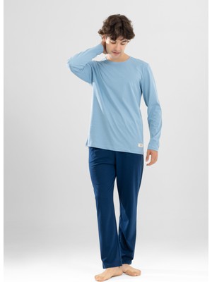 Erkek Pamuklu Bisiklet Yaka Baskılı Uzun Kollu Pijama Takımı 9806 Mavi