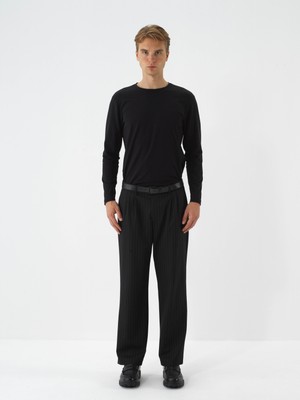 Erkek Siyah Modal Dokulu Slim Fit Uzun Kollu Tişört