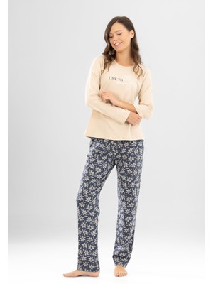 Kadın Pamuklu Bisiklet Yaka Time To Blossom Baskılı Uzun Kollu Pijama Takımı 9922 Bej