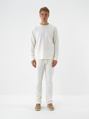 Erkek Ekru Pamuk Dokulu Regular Fit Uzun Kollu Tişört