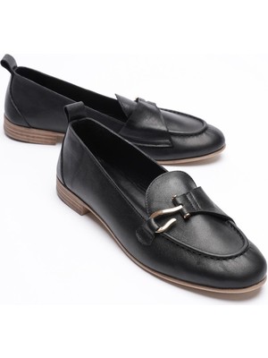 Kadın Hakiki Deri Babet Gold Aksesuarlı Siyah Demira