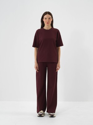 Kadın Bordo Pamuk Dokulu Oversize Sweat Pantolon